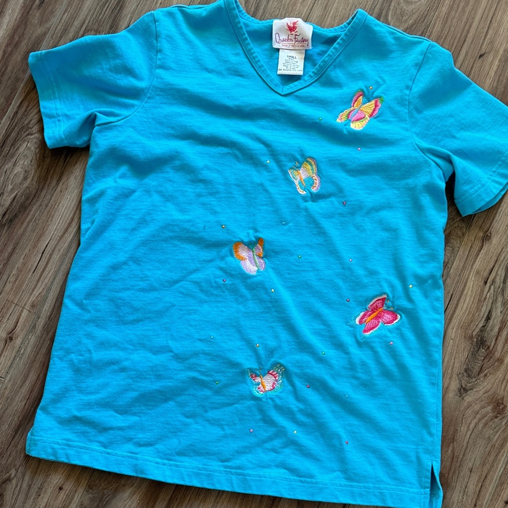 Quacker Factory Turquoise Tee with Butterfly Embroidery